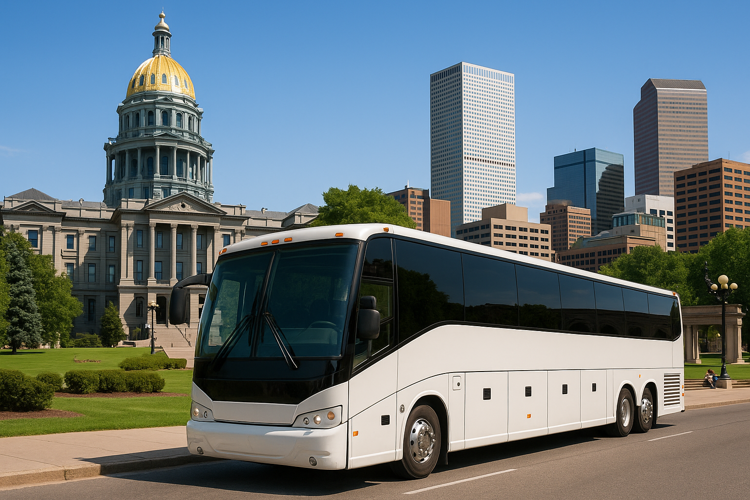 Denver charter buses in front of the Colorado State Capitol and downtown