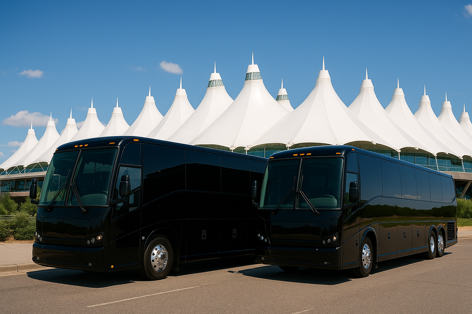 Black charter buses at Denver International Airport