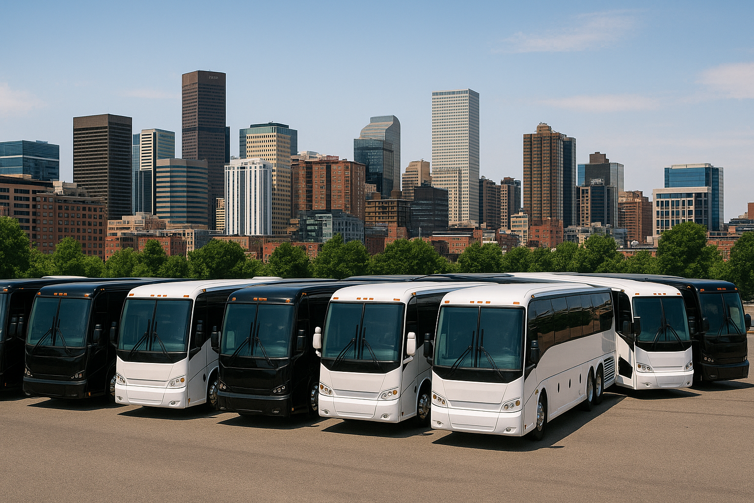 Denver Charter Bus Rental fleet in front of downtown Denver skyline