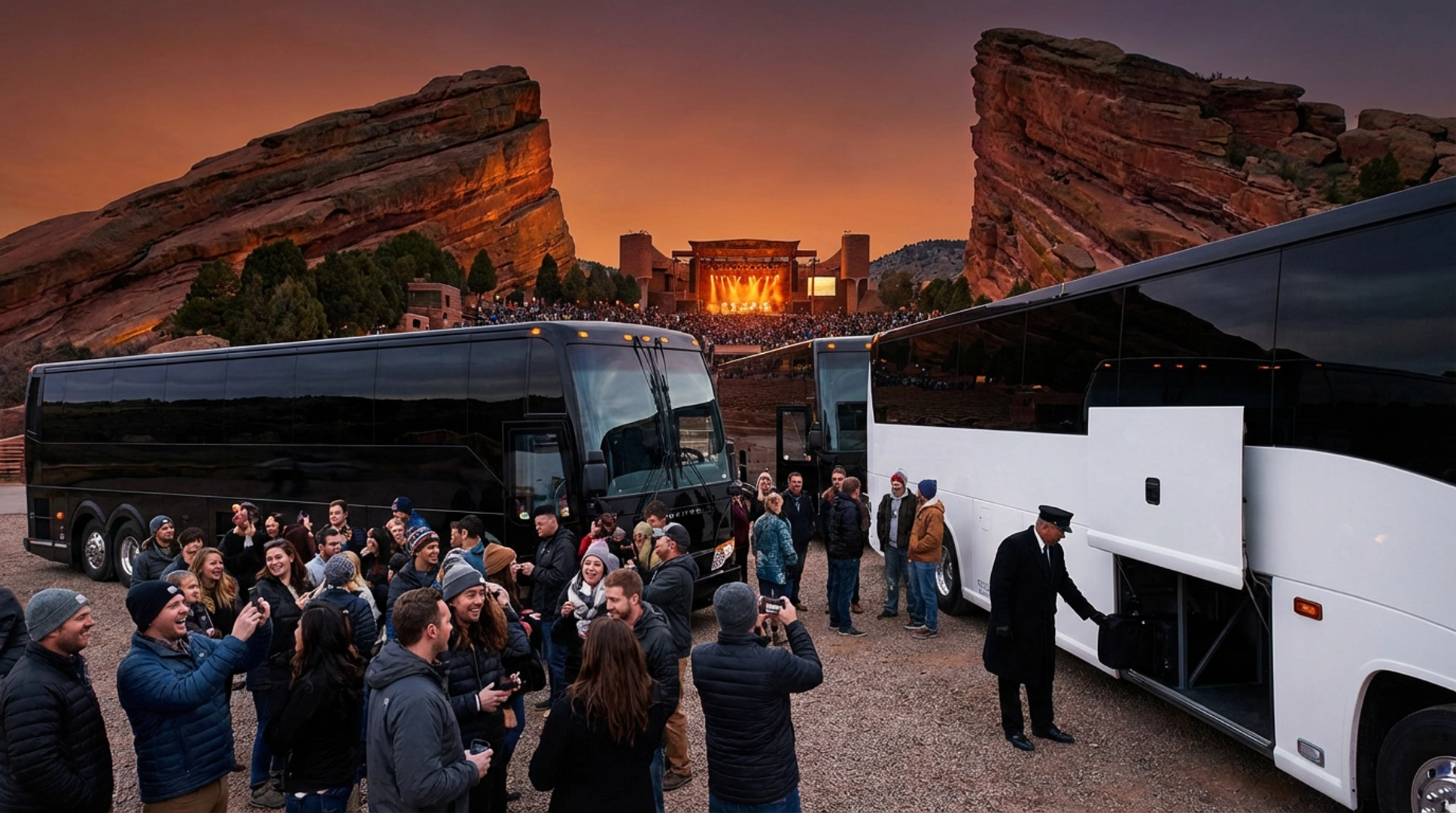 Denver charter bus rental parked near Red Rocks Amphitheatre in Colorado