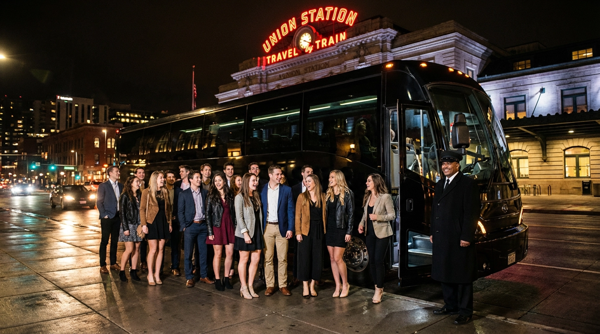 Denver charter bus rental at Union Station Colorado for rail and bus connections