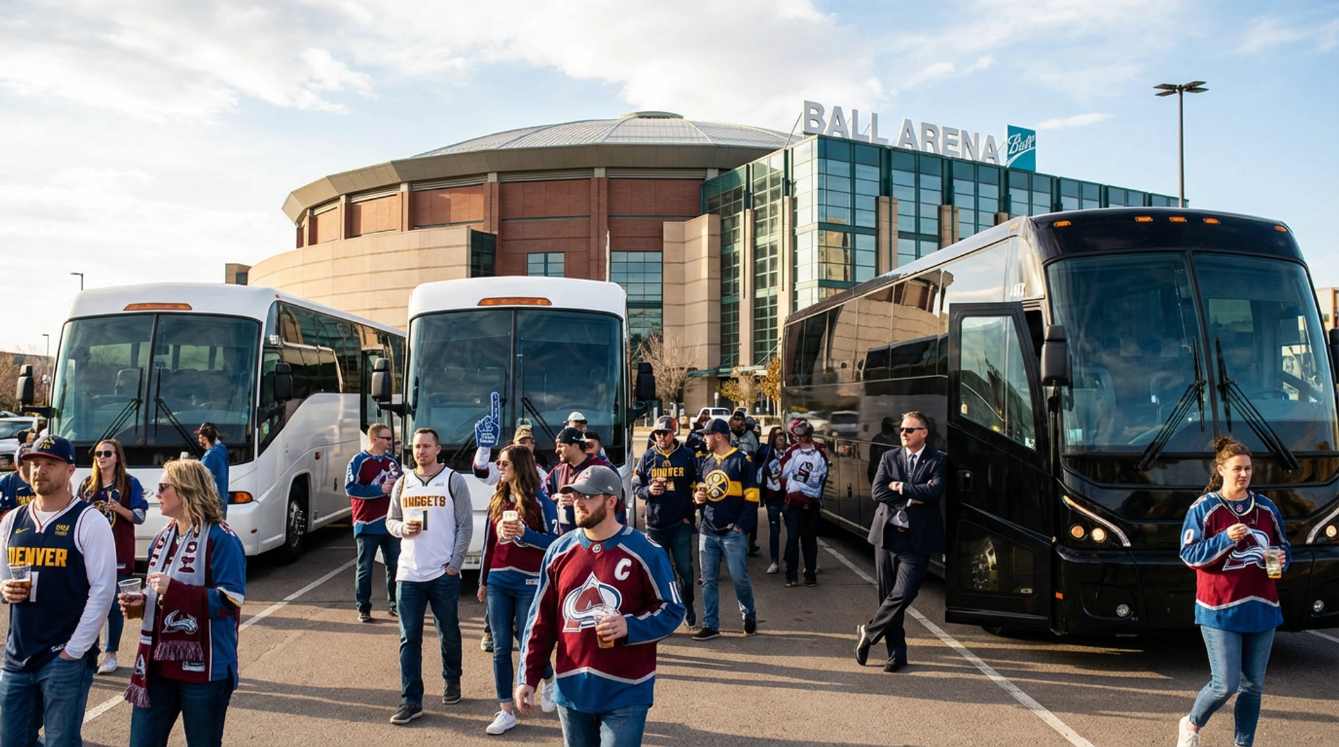 Denver charter bus rental service at Ball Arena for sports and concerts
