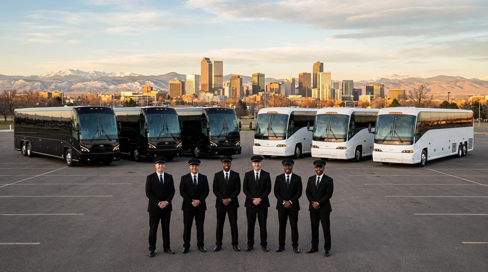 Denver Charter Bus Rental fleet in downtown Denver Colorado at dusk