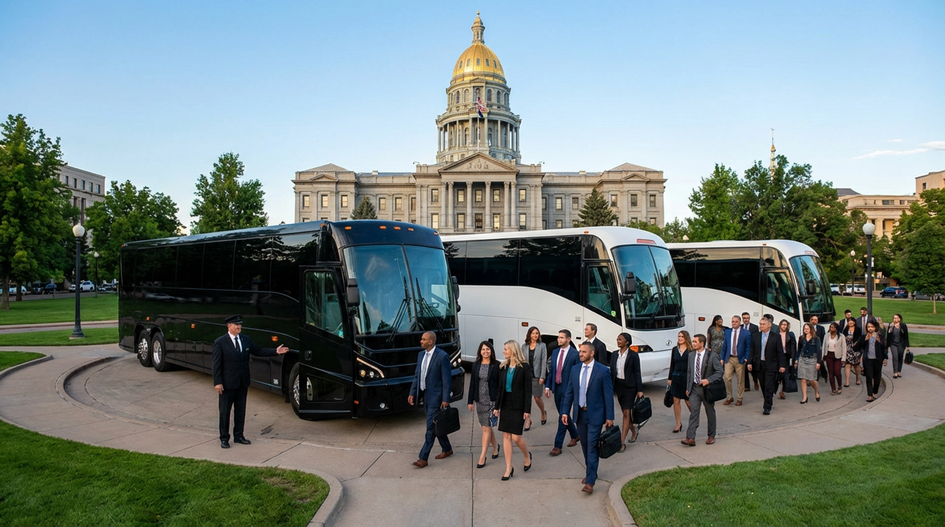 Denver coach bus rental parked near Colorado State Capitol building